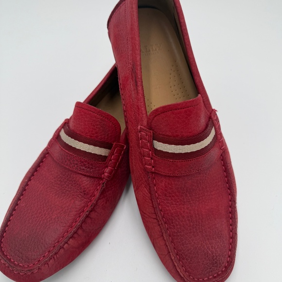 Bally Men’s Red Pebbled Leather Driving Loafers w/ Signature Stripe — Size 9 - Picture 1 of 6